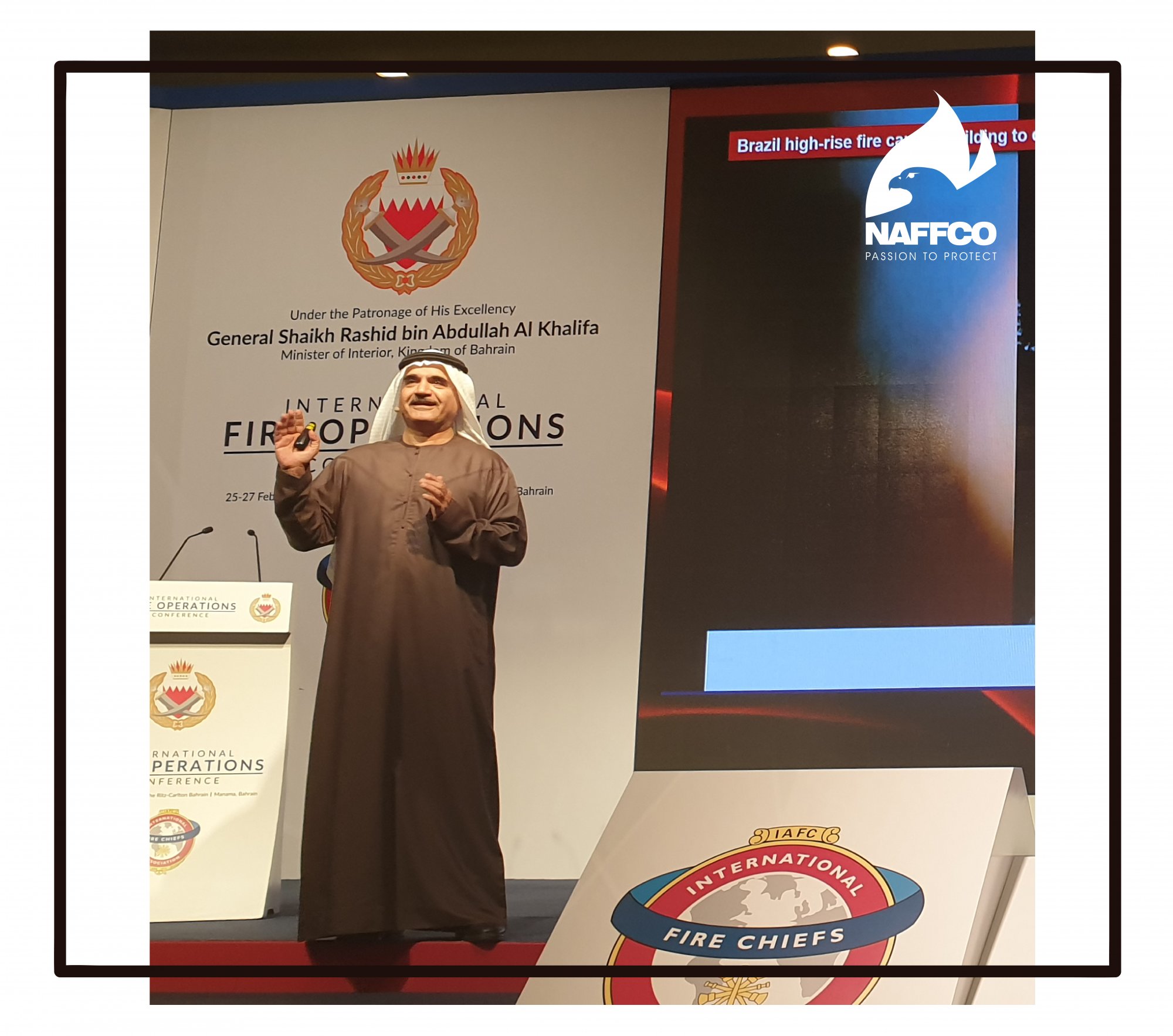 NAFFCO Group CEO Eng. Khalid Al Khatib giving Speech on Fire and Safety at IFOC 2019, Bahrain.